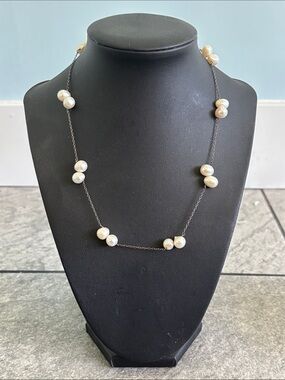 .925 Sterling Silver White Pearl Station Necklace Fine Jewelry Vintage 1970s